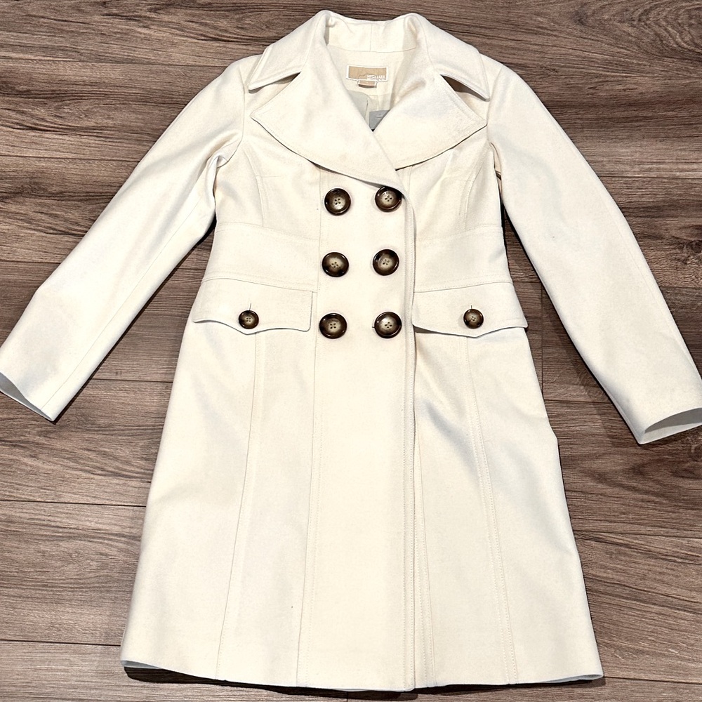 New! Michael Kors Cream Off White Wool Long Pea Coat Size 6